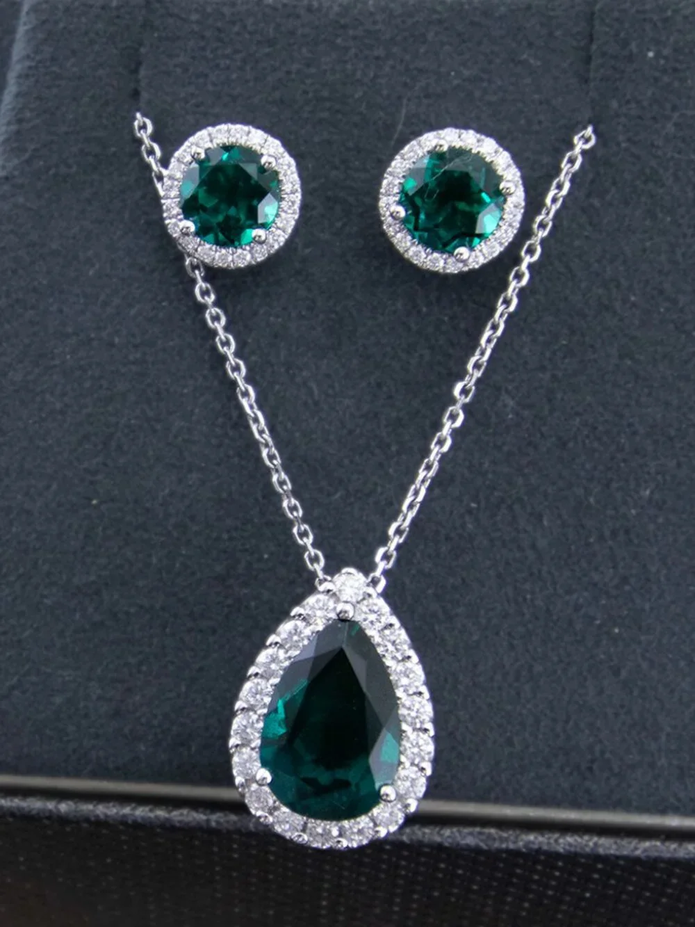 Large Emerald Diamond Pendant and Matching Earrings Set XLT 14kt White Gold